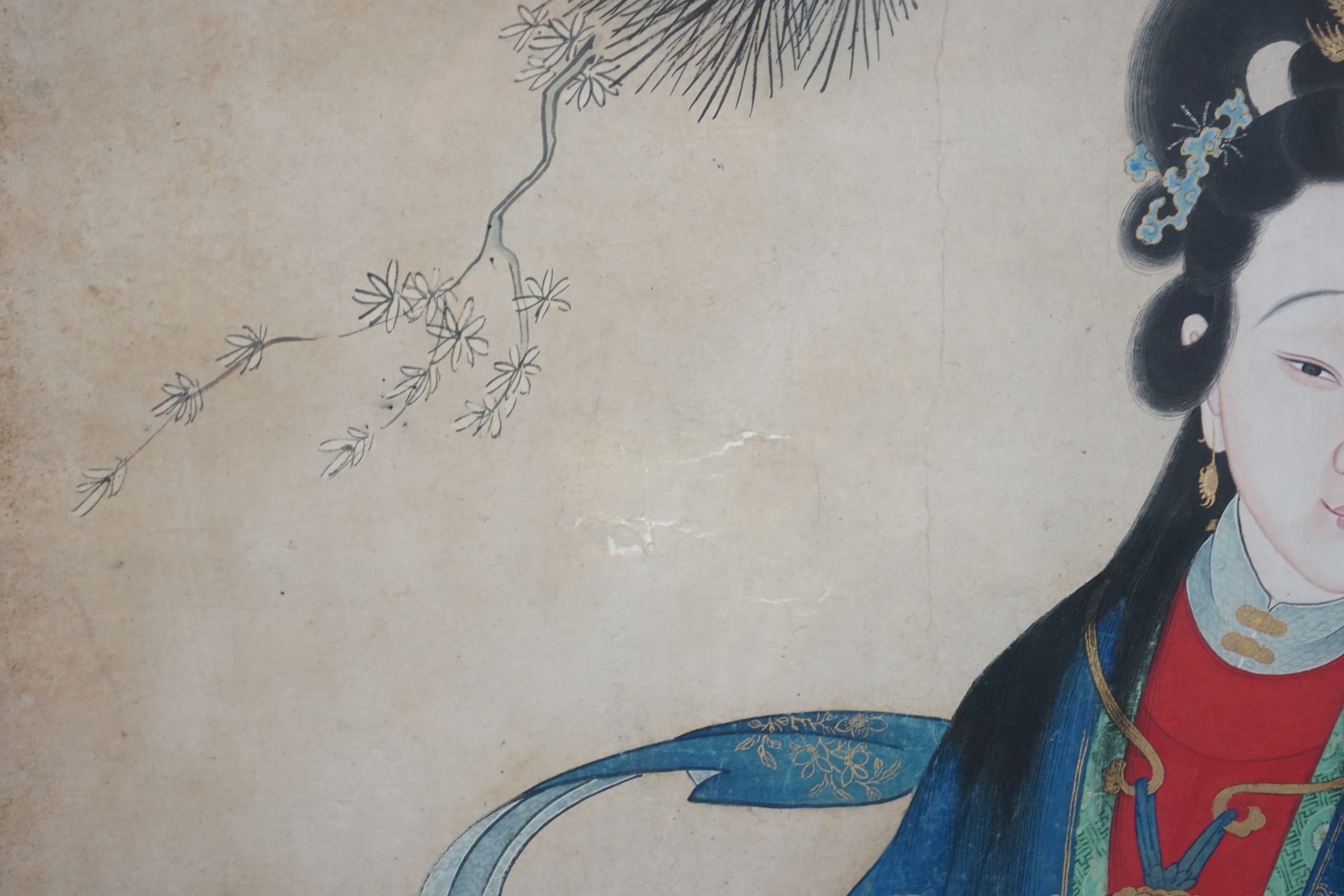 Chinese School, 19th century, a large ink and colour on paper, depicting the Daoist immortal Magu and a deer